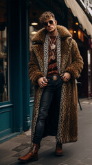 Street style clothing - fashionable man in an elegant fur coat fashion on the street. Animal protection and faux fur concept - obrazy, fototapety, plakaty