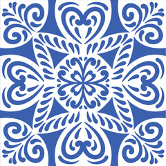 Pattern blue and white. Original traditional Portuguese and Spain decor.Seamless pattern tile with Victorian motives. Ceramic tile in talavera style. Ornamental blue and white patterns for any decor.