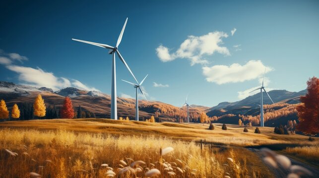 Bottom up view of a wind turbine against a beautiful blue. Generative AI.