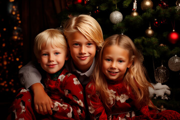 Fototapeta na wymiar Three children in front of the Christmas tree. Family traditions. Waiting for a Christmas miracle