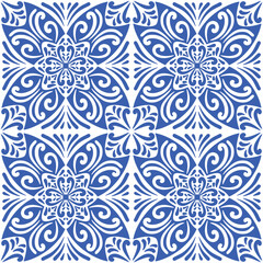 Pattern blue and white. Original traditional Portuguese and Spain decor.Seamless pattern tile with Victorian motives. Ceramic tile in talavera style. Ornamental blue and white patterns for any decor.