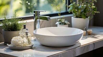 Close-up silver tap in white minimal bathroom washbasin. Generative AI.