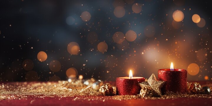 Background image, red christmas burning candles with golden ornaments, snowflakes, glitter on glittery backdrop, allow copy space.