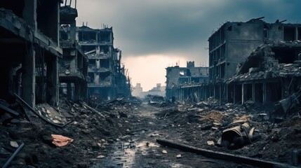 Empty city with destroyed houses, Collapsed buildings, War victim. - obrazy, fototapety, plakaty