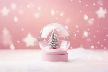 Fototapeta na wymiar Pink christmas ball with snowflakes on pink background.