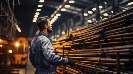 Metallurgy worker working with iron and steel bars in the facility.