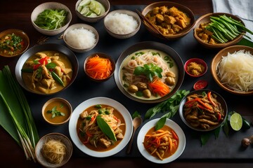 A traditional Thai feast on a dining table, featuring an assortment of dishes like green curry, massaman curry, Som Tum (papaya salad), and Thai jasmine rice