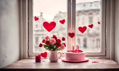 Bouquet and cake on table for Valentine's greeting