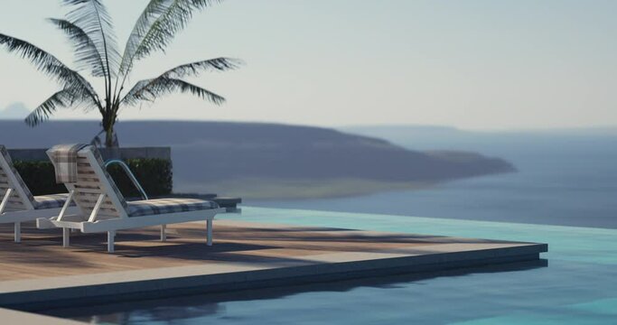 Swimming pool with beach lounge chair sun bed on the wooden deck and sea view. 3d rendering 4K animation scene of swimming pool