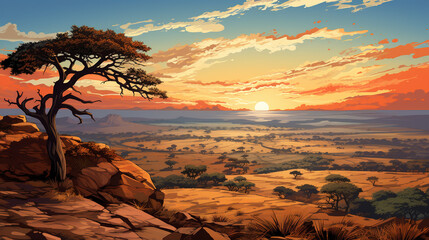 scenic view of Kruger national park in South Africa during sunrise or sunset in comic art style illustration.
