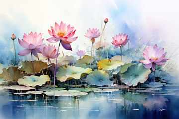 Beautiful watercolor painting of lotus flowers and leaves in a pond, in an influential and harmonious style of colors. Zen style. - obrazy, fototapety, plakaty