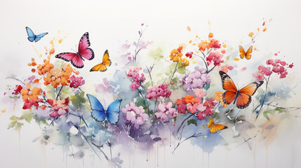 Beautiful watercolor painting of butterflies and flowers in an influential and harmonious style of colors. Background and wallpaper.
