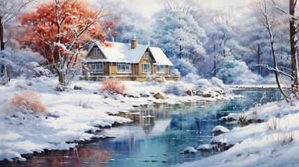 Beautiful watercolor painting of cottage in the snow forest in an influential and harmonious style of colors.