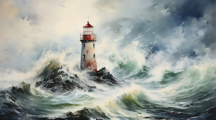 Beautiful watercolor painting of lighthouse in the stormy sea in an influential and harmonious style of colors. Zen style. - obrazy, fototapety, plakaty