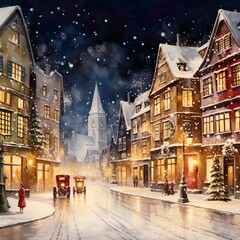 Fototapeta na wymiar A Watercolor masterpiece a 1940s old town at Christmas with snow and bright lights