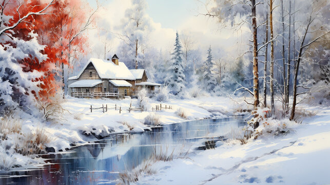 Beautiful watercolor painting of cottage in the snow forest in an influential and harmonious style of colors. Zen style.