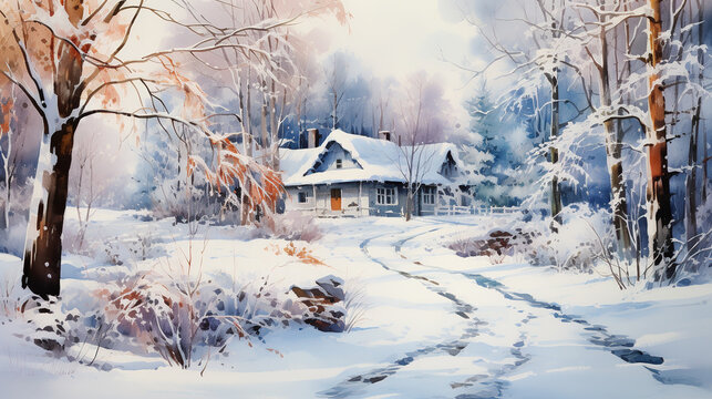 Beautiful watercolor painting of cottage in the snow forest in an influential and harmonious style of colors. Zen style.