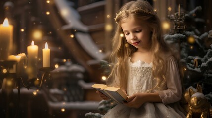 A fabulous Christmas illustration, a girl reading a book.