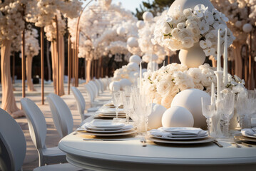 Beautiful elegant romantic wedding dinner decor in white tones. Table with plates and flower arrangements with roses
