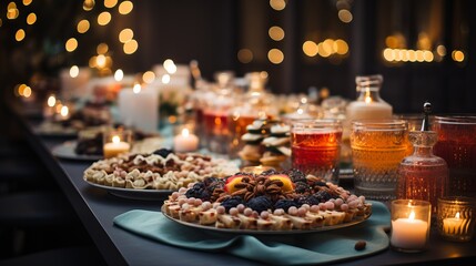 Christmas dinner table full of dishes with food and snacks on a green tablecloth, festive feast with a variety of food. Concept: Buffet, catering - obrazy, fototapety, plakaty