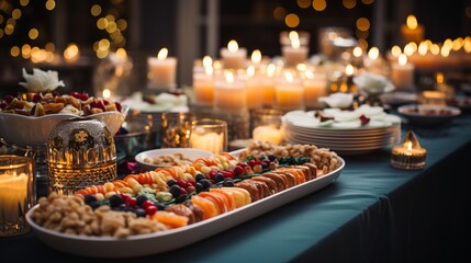 Christmas dinner table full of dishes with food and snacks on a green tablecloth, festive feast with a variety of food. Concept: Buffet, catering