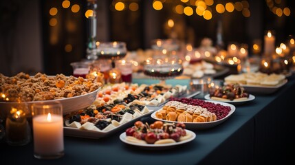 Fototapeta premium Christmas dinner table full of dishes with food and snacks on a green tablecloth, festive feast with a variety of food. Concept: Buffet, catering