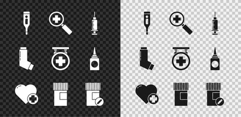 Set Medical digital thermometer, Magnifying glass for search medical, Syringe, Heart with cross, Medicine bottle, and pills, Inhaler and Hospital signboard icon. Vector