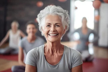 Rolgordijnen Portrait of a happy senior woman taking park in a yoga or fitness class © ink drop