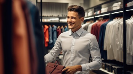 Naklejka na ściany i meble Young man in smart casual is choosing shirts in clothing store.