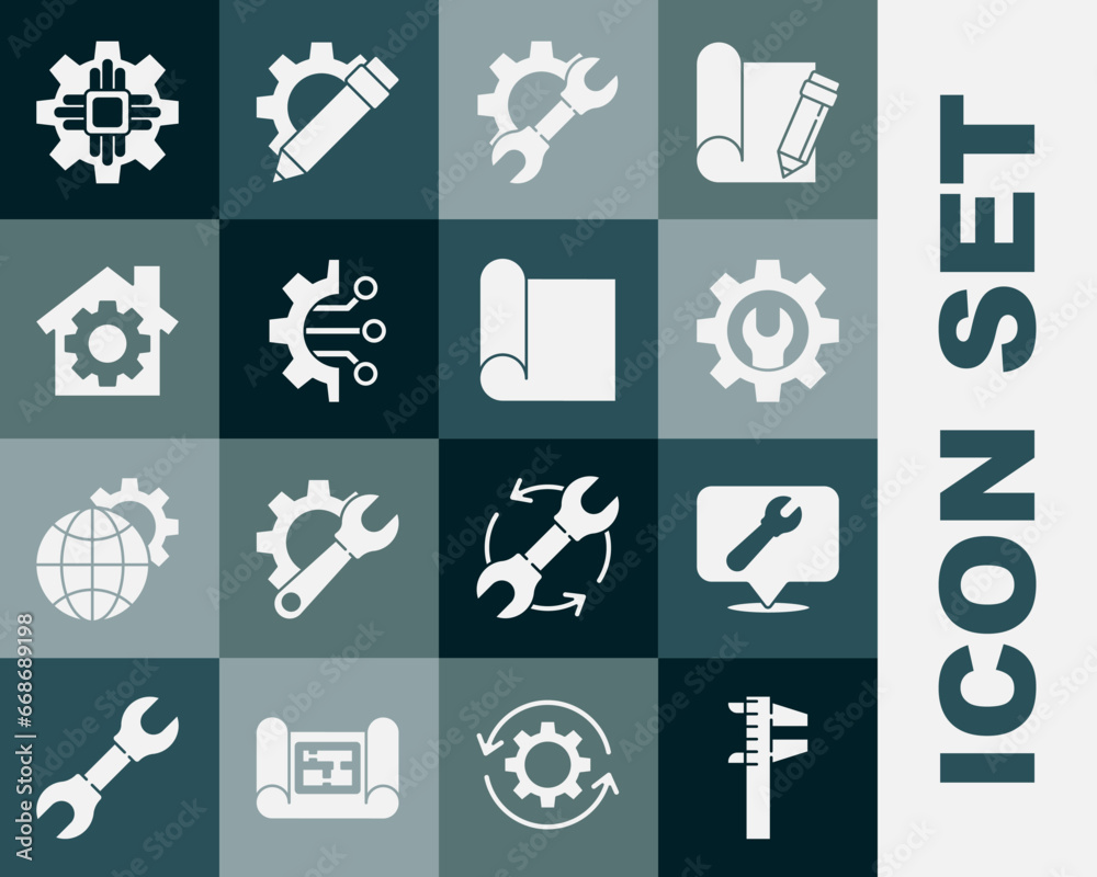 Poster set calliper or caliper and scale, location with wrench spanner, wrench gear, algorithm, house, proc