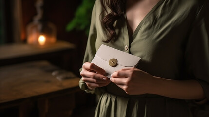 A mulher está segurando um envelope verde com um botão de madeira