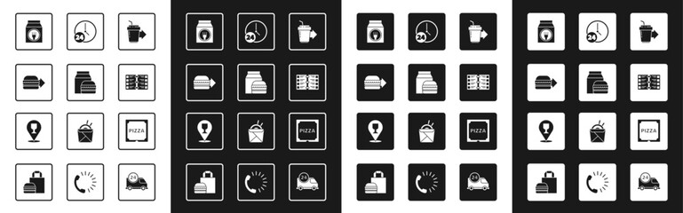 Set Coffee cup to go, Online ordering and burger delivery, Restaurant cafe menu, Clock 24 hours, Pizza cardboard box and Alcohol beer bar location icon. Vector