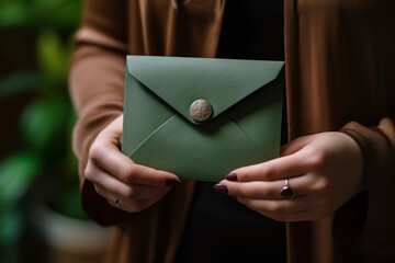 A mulher está segurando um envelope verde com um botão de madeira - obrazy, fototapety, plakaty