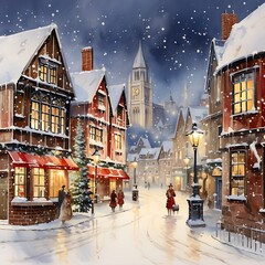 A Watercolor masterpiece a 1940s old town at Christmas with snow and bright lights
