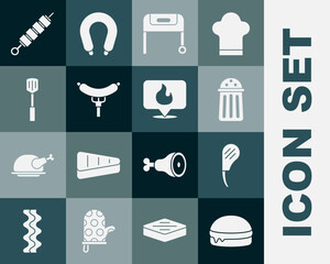 Set Burger, Rib eye steak, Salt, Barbecue grill, Sausage on the fork, spatula, Grilled shish kebab and Location with fire flame icon. Vector