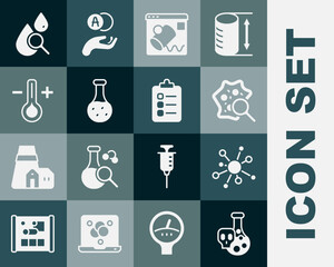 Set Test tube with toxic liquid, Molecule, Microorganisms under magnifier, Data visualisation, Thermometer, Drop and magnifying glass and To do list planning icon. Vector