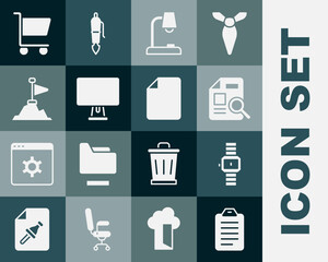 Set To do list or planning, Wrist watch, Document with graph chart, Table lamp, Computer monitor, Mountains flag top, Shopping cart and File document icon. Vector