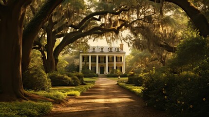 A traditional estate in the southern United States, surrounded by beautiful trees and a tranquil natural landscape, Generative AI.