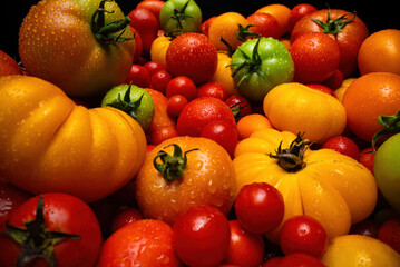 Close, macro tomatoes variety background. Fresh ripe organic vegetable harvest