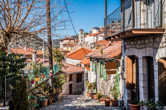 Traditional village of Dimitsana, in Arcadia, Peloponnese, Greece on a beautiful winter day