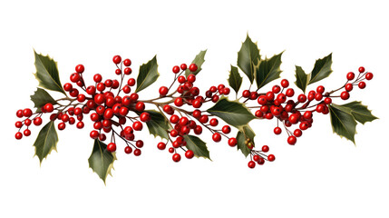 Festive Christmas wreath of fresh natural spruce branches with red holly berries isolated on transparent background. New Year Christmas seamless border. Holiday illustration