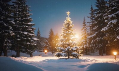 Decorated Christmas tree in the snow. Sunny winter New Year's Eve landscape