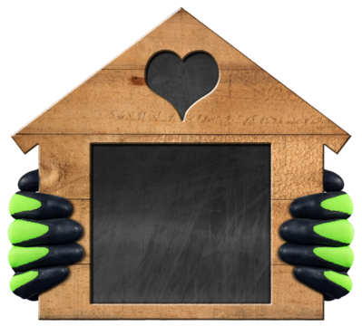 Hands with protective work gloves showing a small wooden house with a blank blackboard inside in the shape of a rectangle and heart. Isolated on white or transparent background with copy space. Png. - Powered by Adobe