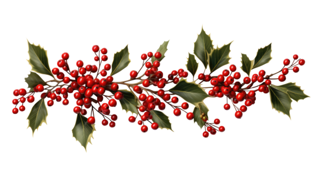 Festive Christmas wreath of fresh natural spruce branches with red holly berries isolated on transparent background. New Year Christmas seamless border. Holiday illustration