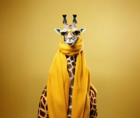Fotobehang portrait of a giraffe with modern  sunglasses © YauheniyaA