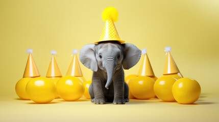 Happy baby elephant wearing a yellow birthday hat isolated on transparent