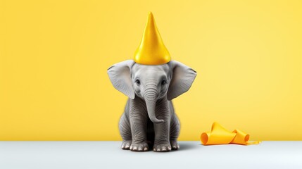Happy baby elephant wearing a yellow birthday hat isolated on transparent
