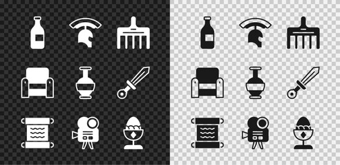 Set Bottle of wine, Roman army helmet, Hairbrush, Papyrus scroll, Retro cinema camera, Chicken egg on stand, Armchair and Ancient amphorae icon. Vector