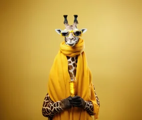 Fotobehang portrait of a giraffe with modern  sunglasses © YauheniyaA