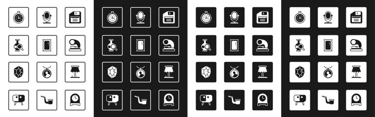 Set Floppy disk, Big full length mirror, Ancient amphorae, Pocket watch, Old gramophone, Round makeup, Table lamp and Gem stone icon. Vector